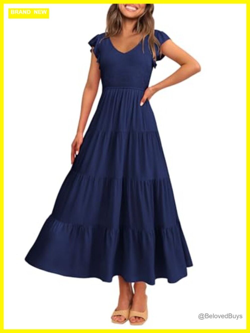 Women's Smocked Flowy Maxi Dress V Neck Cap Sleeve A Line Beach Sundress